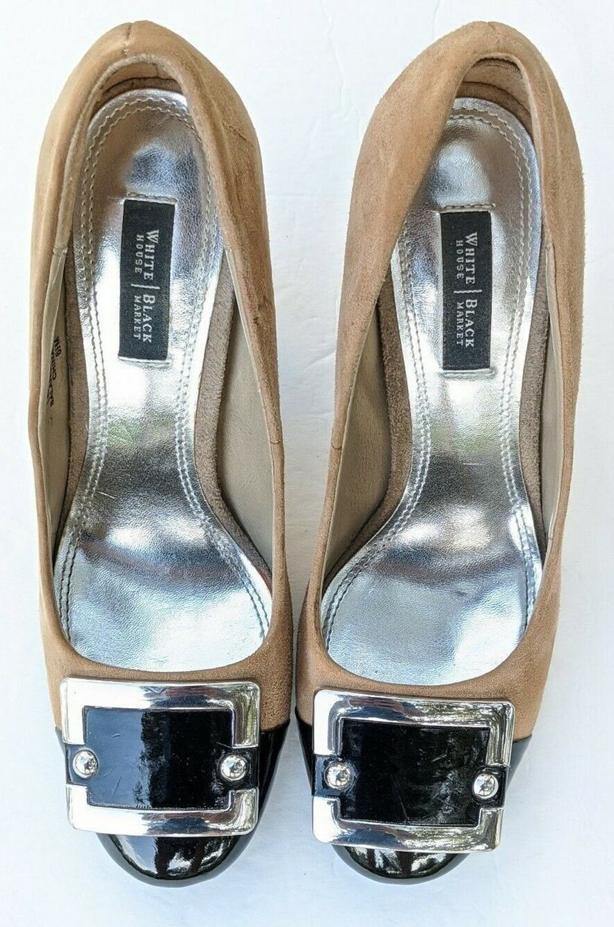 White House Black Market Womens Tan Suede Camel Pumps Black Cap Toe 6.5 M